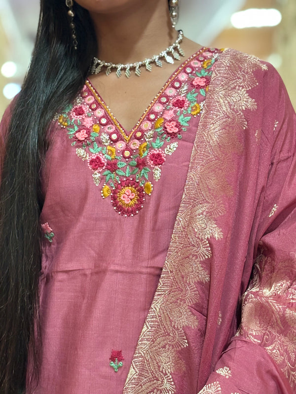Rose Plum Embroidered Vatican Suit Set with Zari-Weave Dupatta