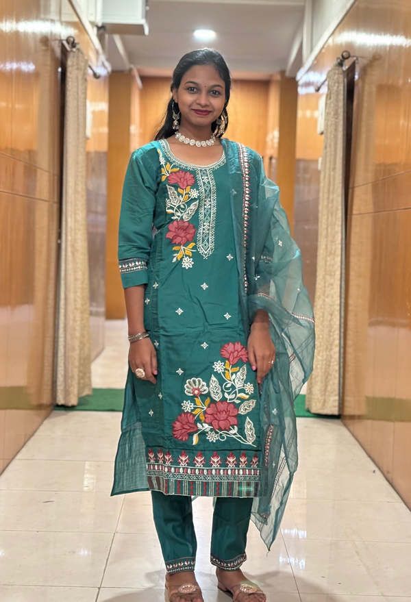 Sea Green Muslin Embroidered Straight Suit Set with Organza-Style Dupatta