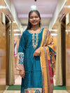 Teal Blue Roman Silk Embroidered Suit Set with Multicolour Printed Dupatta