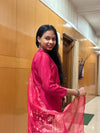 Hot Pink Banarasi-Weave Muslin Straight Kurta Set with Dupatta