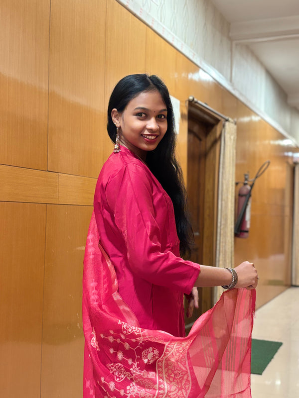 Hot Pink Banarasi-Weave Muslin Straight Kurta Set with Dupatta