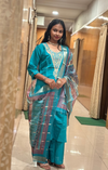 Turquoise Blue Muslin Embroidered Straight Suit Set with Printed Dupatta