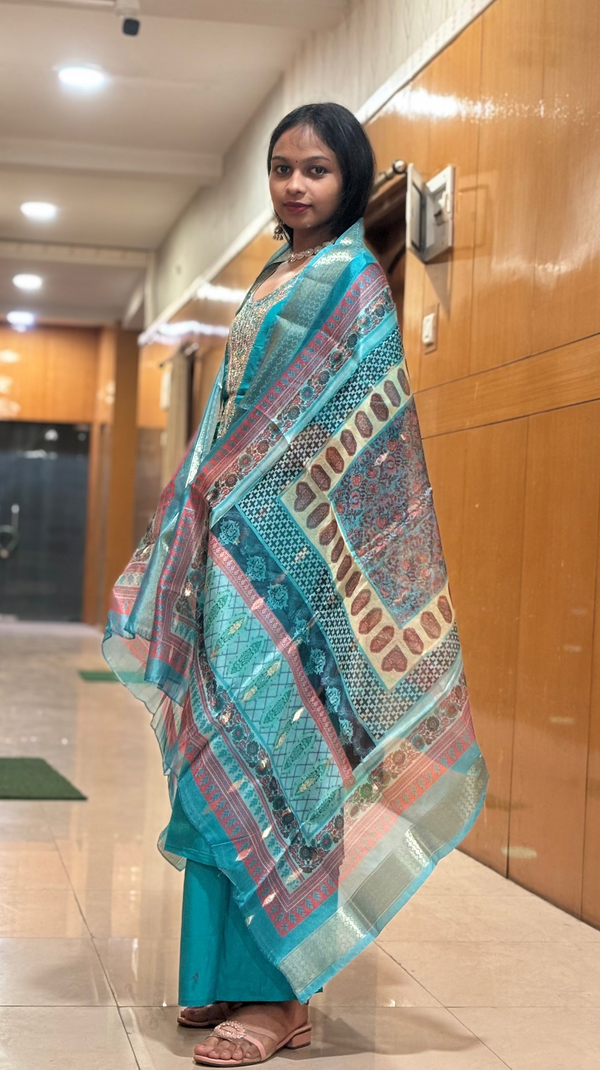 Turquoise Blue Muslin Embroidered Straight Suit Set with Printed Dupatta