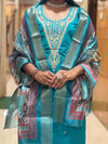 Turquoise Blue Muslin Embroidered Straight Suit Set with Printed Dupatta