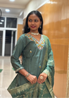 Teal Green Vatican Embroidered Straight Suit Set with Woven Banarasi-Style Dupatta