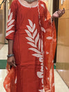 Rust Orange Muslin Embroidered Straight Suit Set with Dupatta