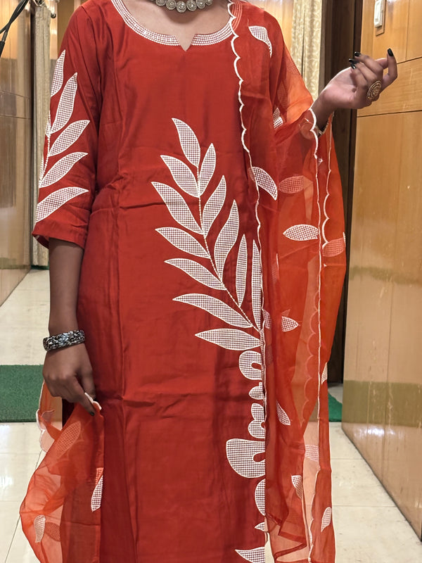 Rust Orange Muslin Embroidered Straight Suit Set with Dupatta
