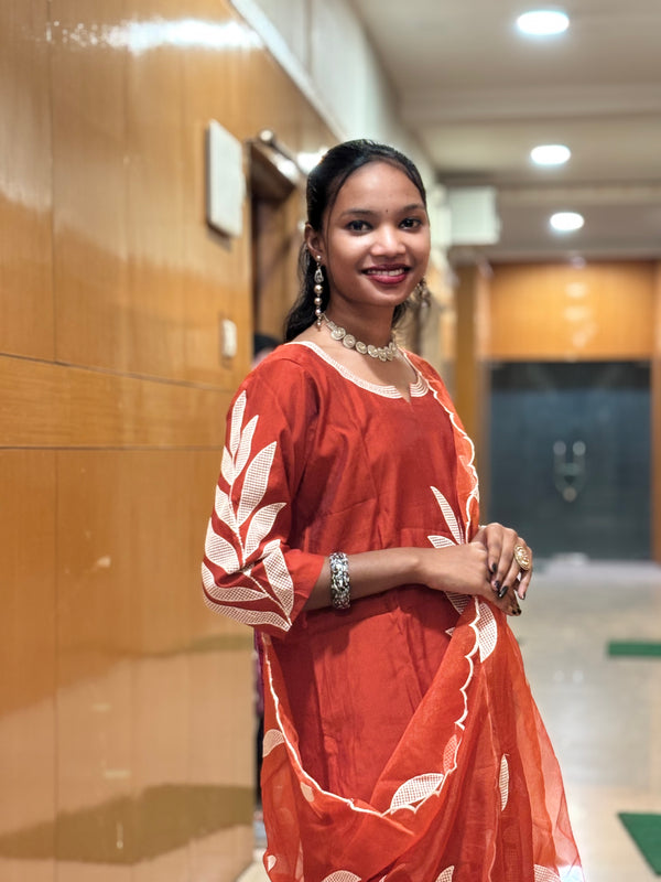 Rust Orange Muslin Embroidered Straight Suit Set with Dupatta