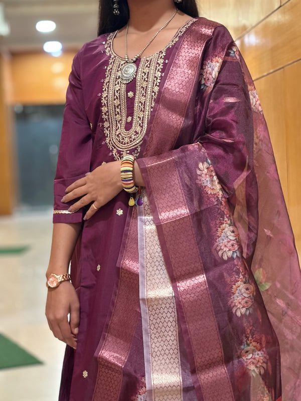 Royal Plum Muslin Embroidered Suit Set with Floral Printed Dupatta