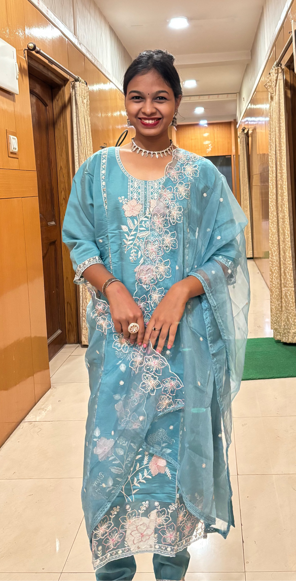 Aqua Blue Roman Embroidered Straight Suit Set with Sheer Floral Dupatta