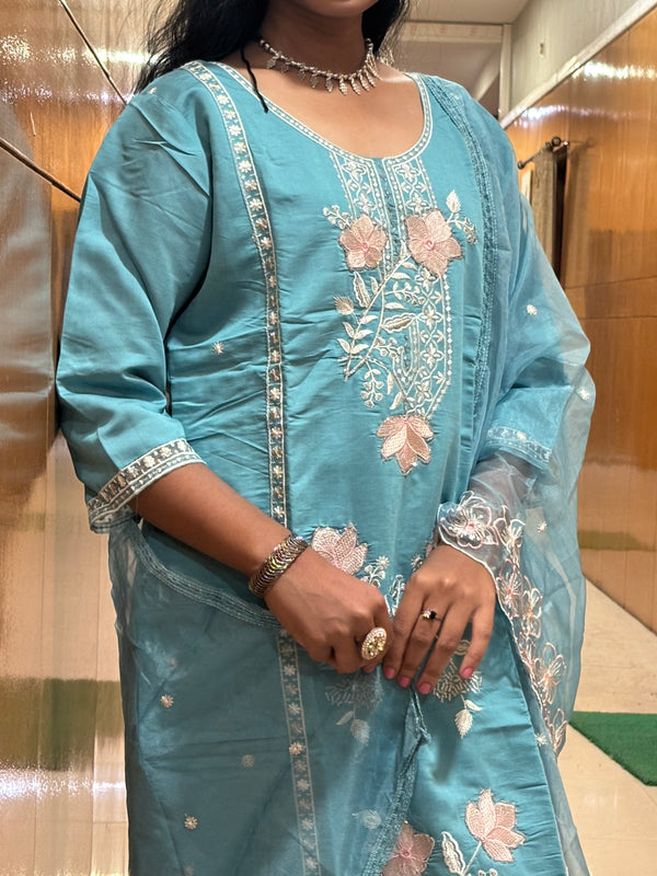 Aqua Blue Roman Embroidered Straight Suit Set with Sheer Floral Dupatta