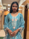 Aqua Blue Roman Embroidered Straight Suit Set with Sheer Floral Dupatta