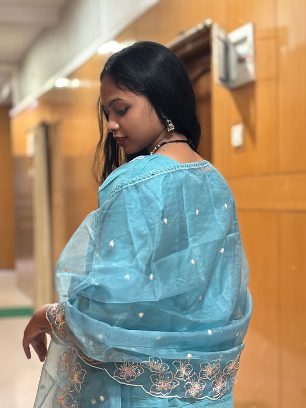 Aqua Blue Roman Embroidered Straight Suit Set with Sheer Floral Dupatta